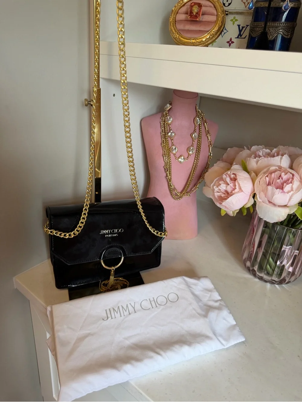 Jimmy Choo Parfums Black Patent Leather Clutch with Gold Tassel Ring Dust Bag